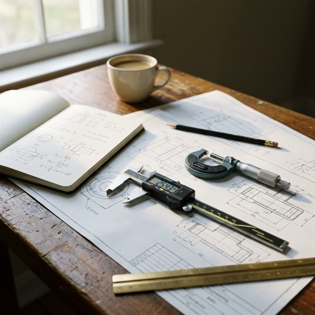 Engineering workspace with precision instruments